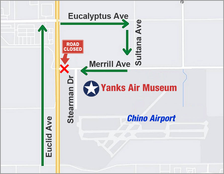 Detour map to Yanks Air Museum during closure of Merrill and Euclid.